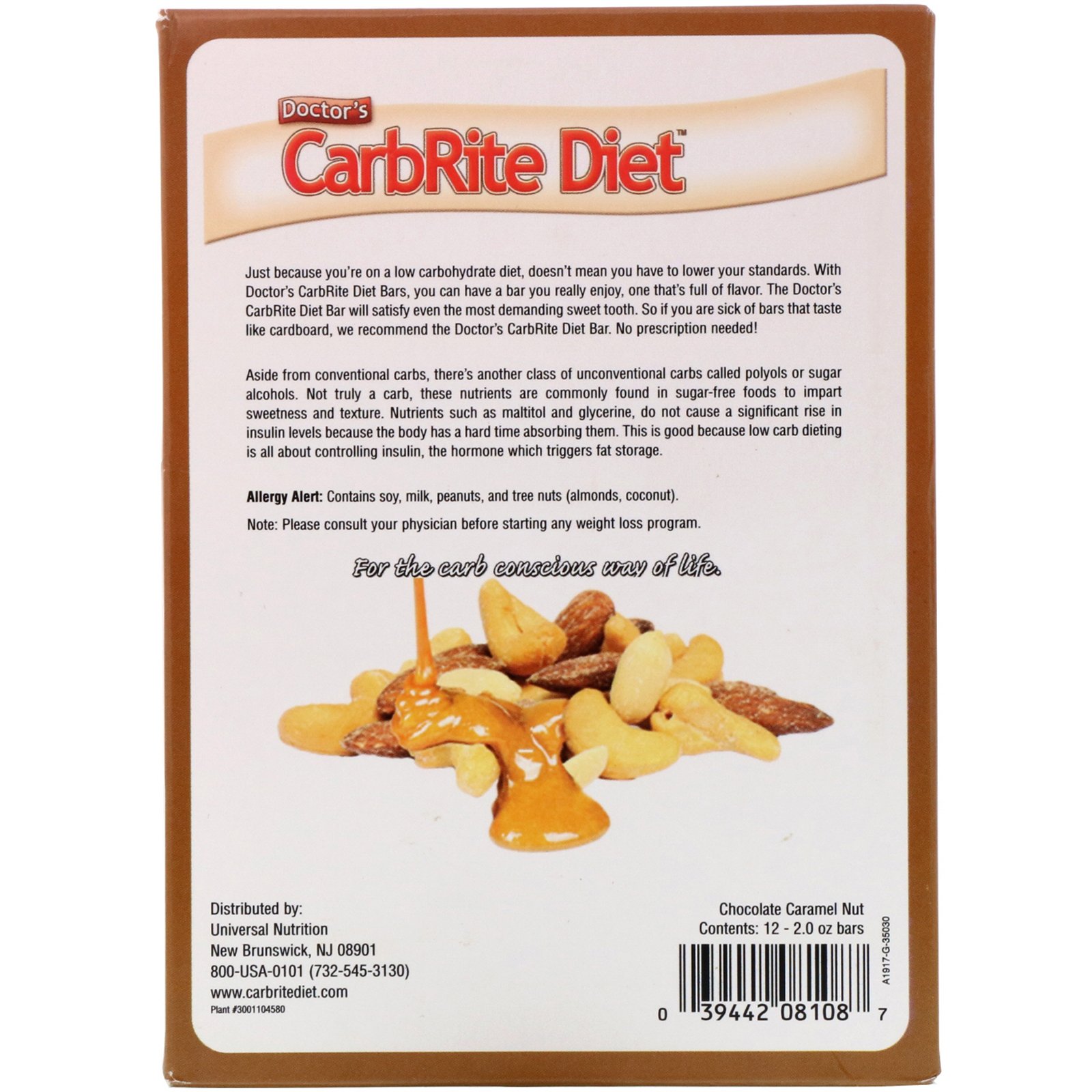 Universal Nutrition, Doctor's CarbRite Diet Bars, Chocolate Caramel Nut, 12 Bars, 2.00 oz (56.7 g) Each - Imagem 3