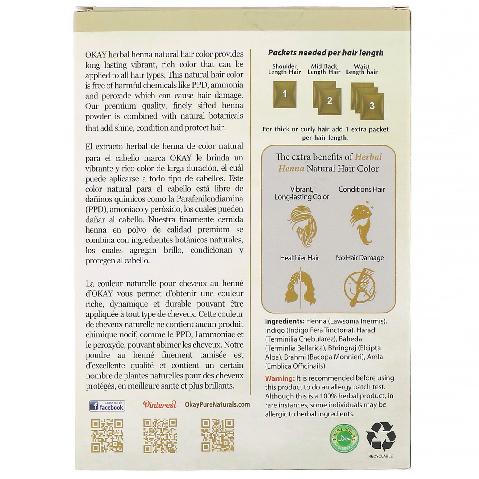 Okay Pure Naturals, Tintura Natural Vegetal para Cabelo com Henna, Marrom Claro, 56,7 g (2 oz) - Imagem 2