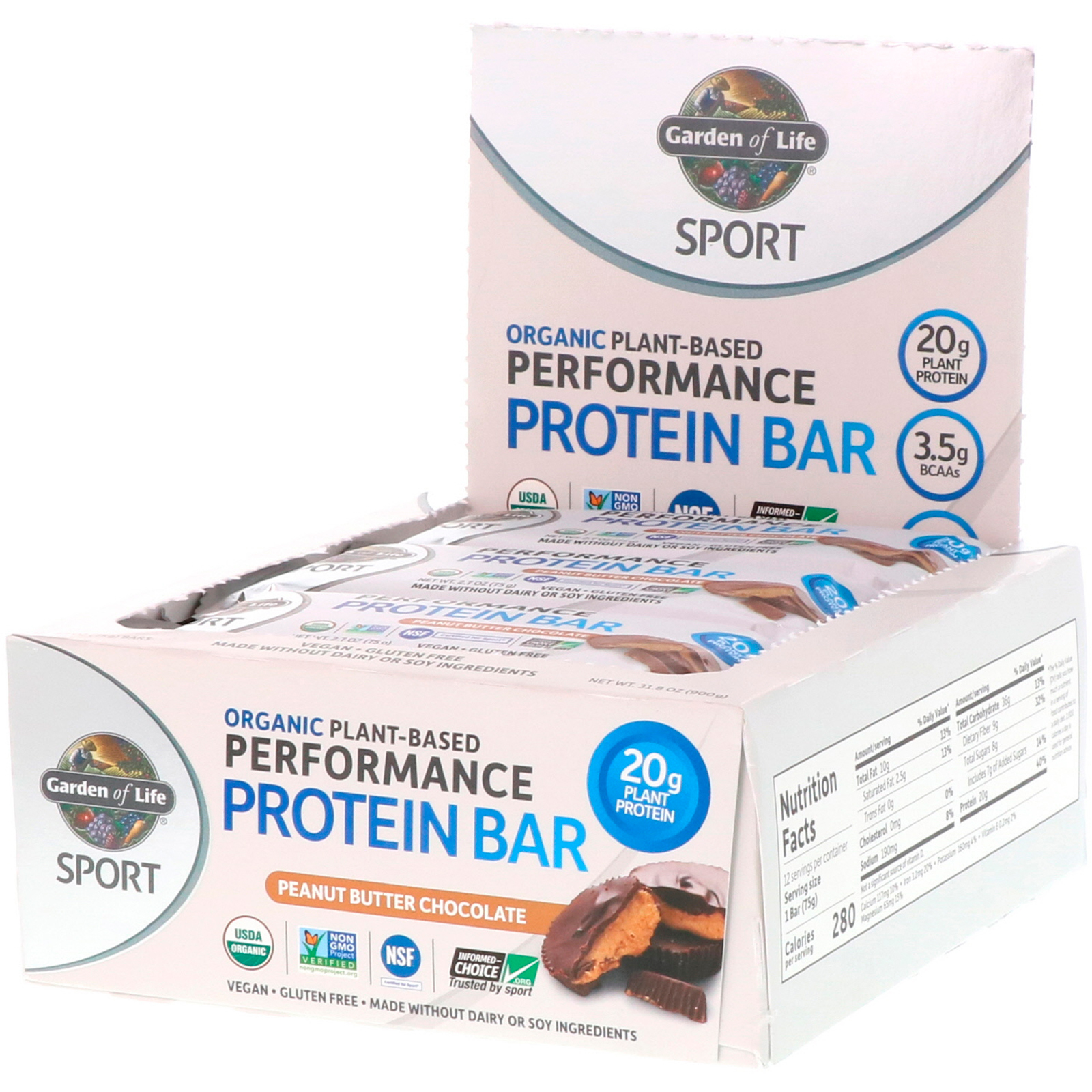 Garden of Life, Esporte, Barra de Proteínas Orgânicas de Desempenho à Base de Plantas, Chocolate com Manteiga de Amendoim, 12 Barras, 75 g (2,7 oz) Cada
