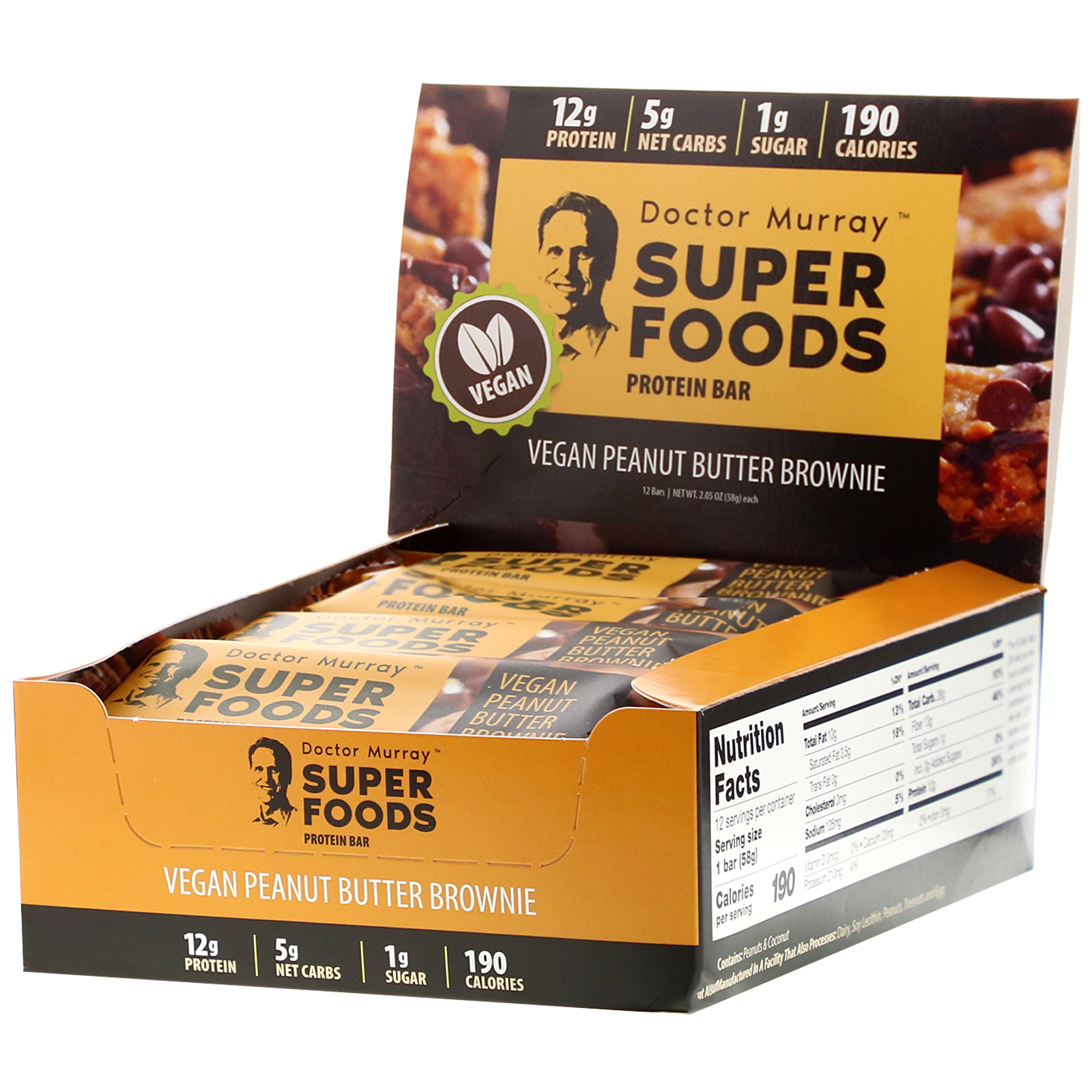 Dr. Murray's, Superfoods Protein Bars, Vegan Peanut Butter Brownie , 12 Bars, 2.05 oz (58 g) Each