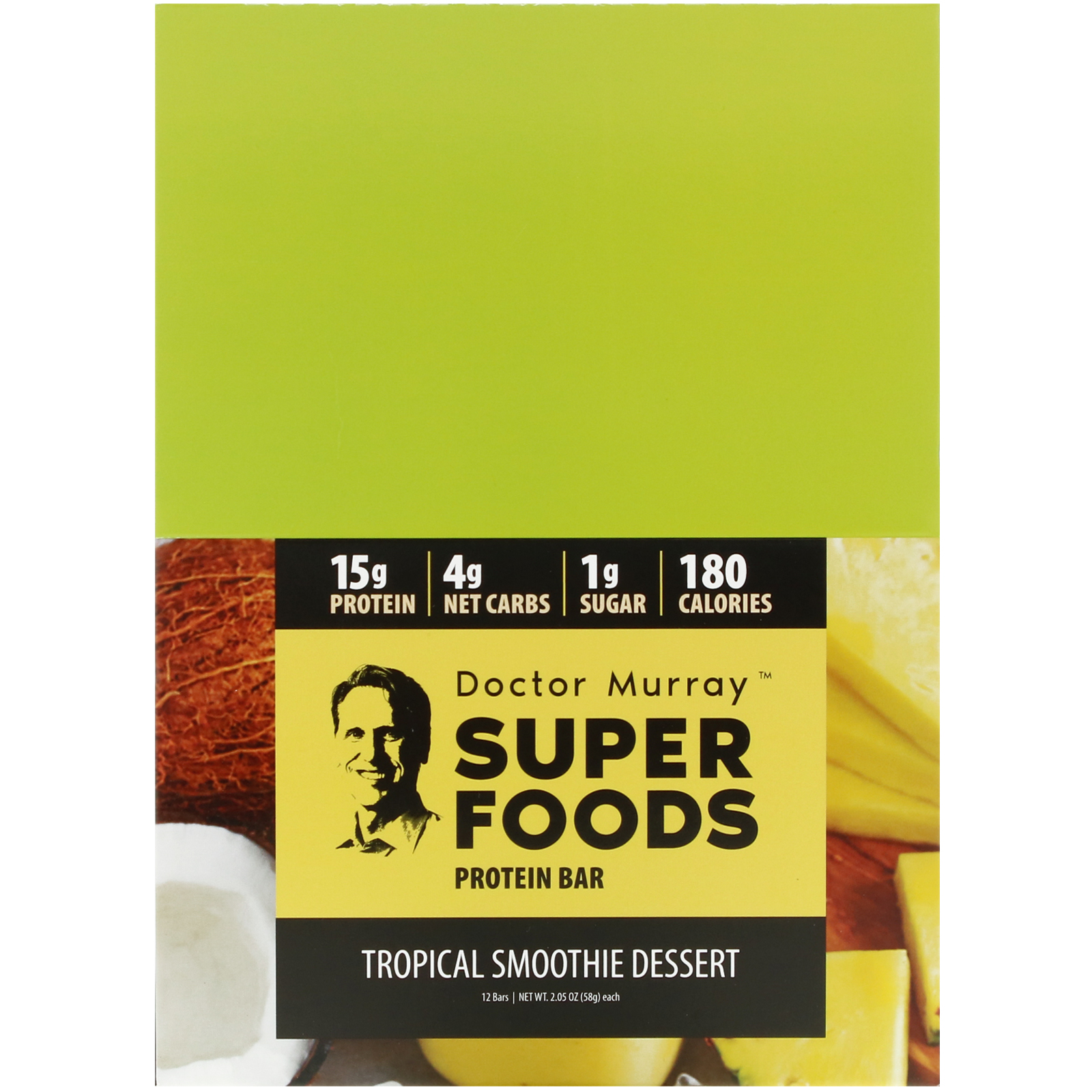 Dr. Murray's, Superfoods Protein Bars, Tropical Smoothie Dessert, 12 Bars, 2.05 oz (58 g) Each - Imagem 2