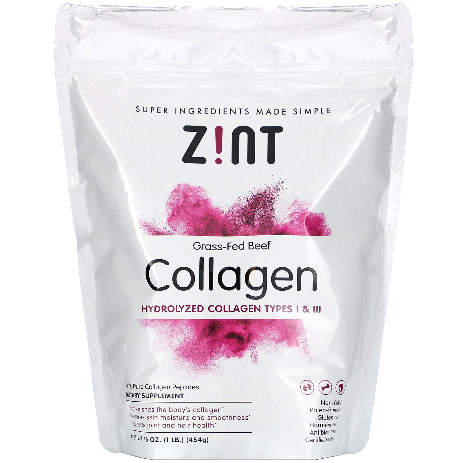 Zint, Colágeno de carne de vaca criada no pasto, colágeno hidrolisado tipos I & III, 16 oz (454 g)