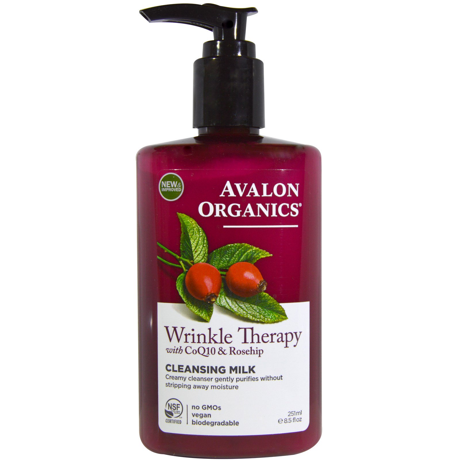 Avalon Organics, Terapia para rugas, com CoQ10 e quadril de rosas, Leite de limpeza, 251 ml