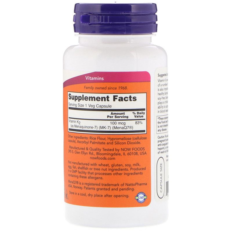 NOW Foods MK-7 Vitamin K-2 100 mcg - 120 Veg Capsules - Imagem 2