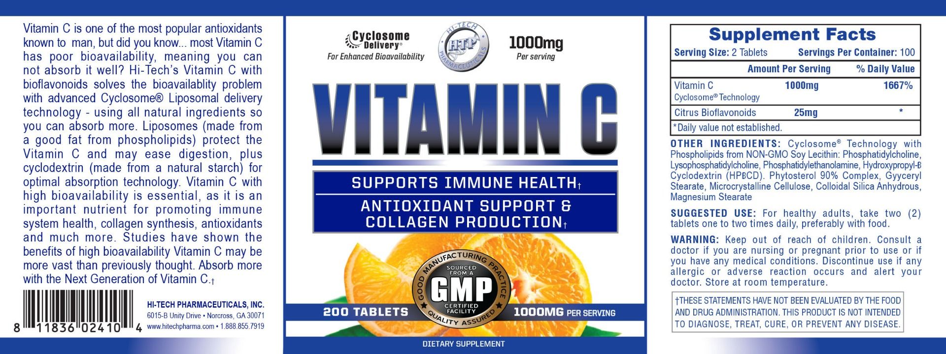 Hi-Tech Pharmaceuticals Vitamin C 1000mg 200 Tabs - Imagem 2