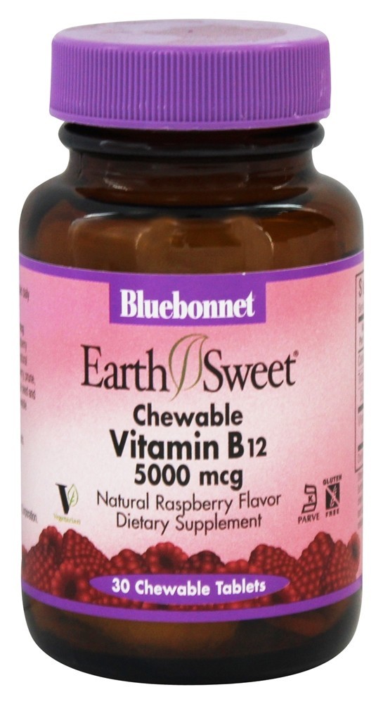 Terra Doce Mastigável Vitamina B12 Sabor a Framboesa Natural 5000 mcg. - 30 comprimidos mastigáveis Bluebonnet Nutrition