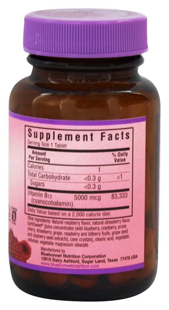 Terra Doce Mastigável Vitamina B12 Sabor a Framboesa Natural 5000 mcg. - 30 comprimidos mastigáveis Bluebonnet Nutrition - Imagem 2