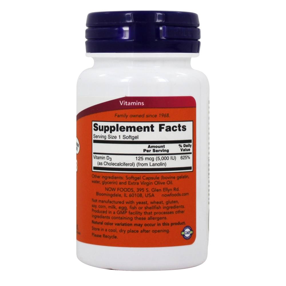 Vitamina D3 Potência Máxima 5000 UI - 240 Softgels NOW Foods - Imagem 2