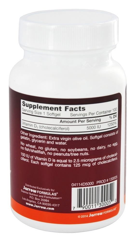 Colecalciferol Vitamina D3 5000 UI - 100 Softgels Jarrow Formulas - Imagem 2