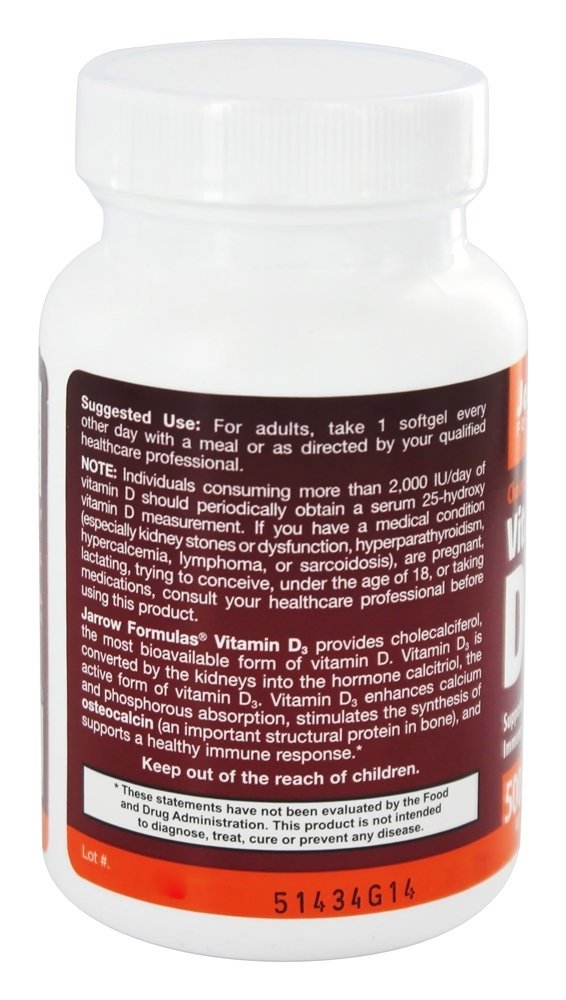 Colecalciferol Vitamina D3 5000 UI - 100 Softgels Jarrow Formulas - Imagem 3