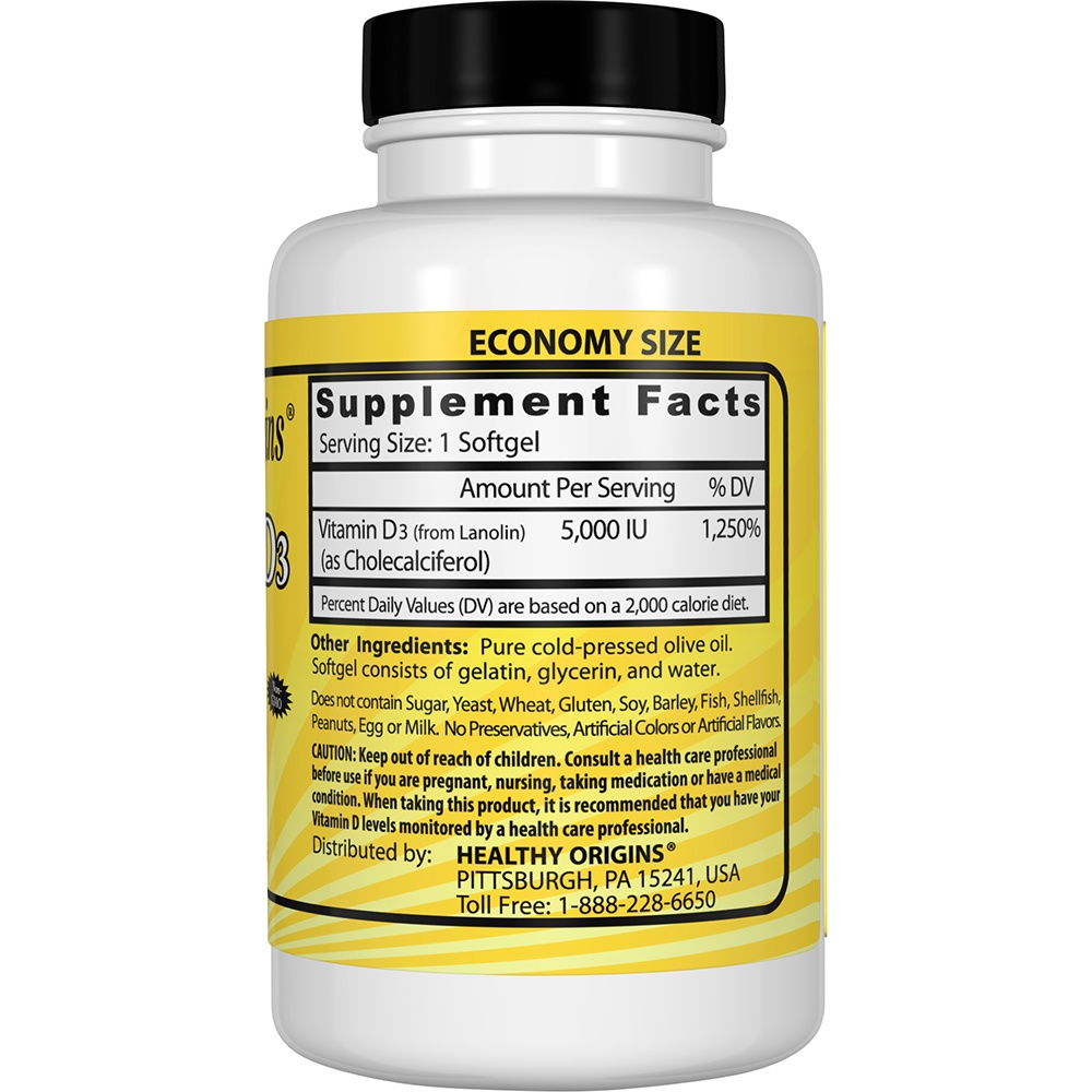 Vitamina D3 5000 UI - 360 Softgels Healthy Origins - Imagem 2