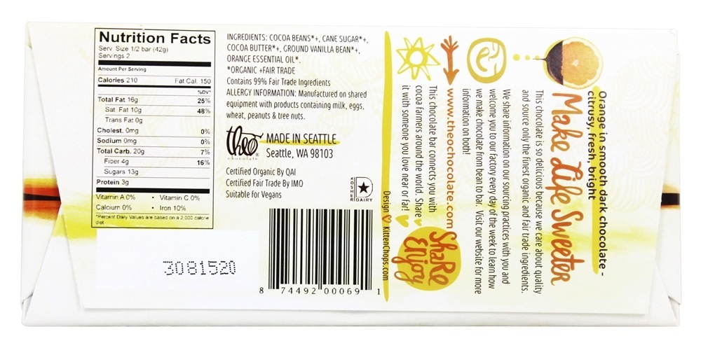 Orgânico & Feira Comércio 70% Escuro Chocolate Bar Laranja - 3 oz. Theo Chocolate - Imagem 2
