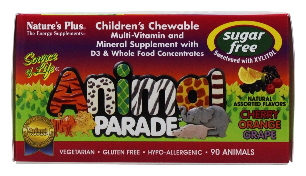 Fonte De Vida Animal Desfile Infantil Múltiplas-Vitamina e Mineral Variado Cereja, Laranja & Uva - 90 comprimidos mastigáveis Natures Plus - Imagem 2