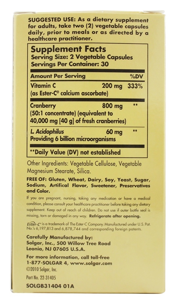 Cran Flora Com Probióticos & Ester C - Cápsulas vegetarianas 60 Solgar - Imagem 2