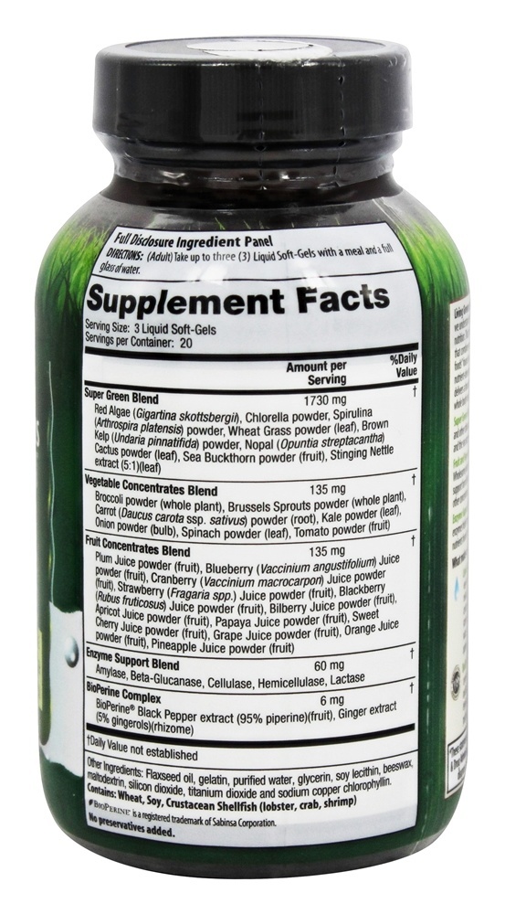 Sun Powered Living Greens SuperAlimento - 60 Cápsulas Antigamente Verdes Densos em Nutrientes e Verdes Energia Fito-Alimentar Irwin Naturals - Imagem 2