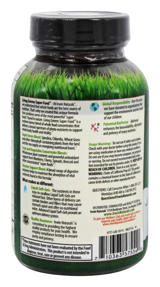 Sun Powered Living Greens SuperAlimento - 60 Cápsulas Antigamente Verdes Densos em Nutrientes e Verdes Energia Fito-Alimentar Irwin Naturals - Imagem 3