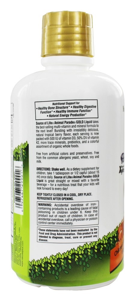 Fonte de Vida Animal Desfile Ouro Líquido Infantil Múltiplas-Vitamina & Mineral Natural Tropical Baga Sabor - 30 fl. oz. Natures Plus - Imagem 3