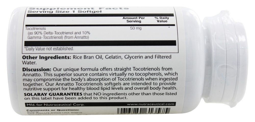 Tocotrienol de Urucum Sem Tocoferol 50 mg. - 60 Softgels Solaray - Imagem 3