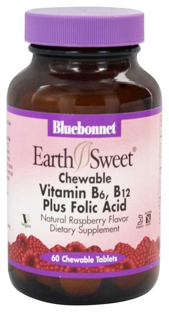 Terra doce mastigável vitamina B6 B12 além de sabor de framboesa natural ácido fólico - 60 comprimidos mastigáveis Bluebonnet Nutrition