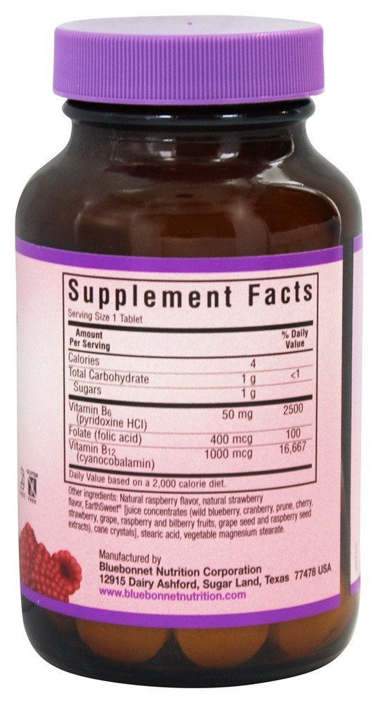 Terra doce mastigável vitamina B6 B12 além de sabor de framboesa natural ácido fólico - 60 comprimidos mastigáveis Bluebonnet Nutrition - Imagem 2