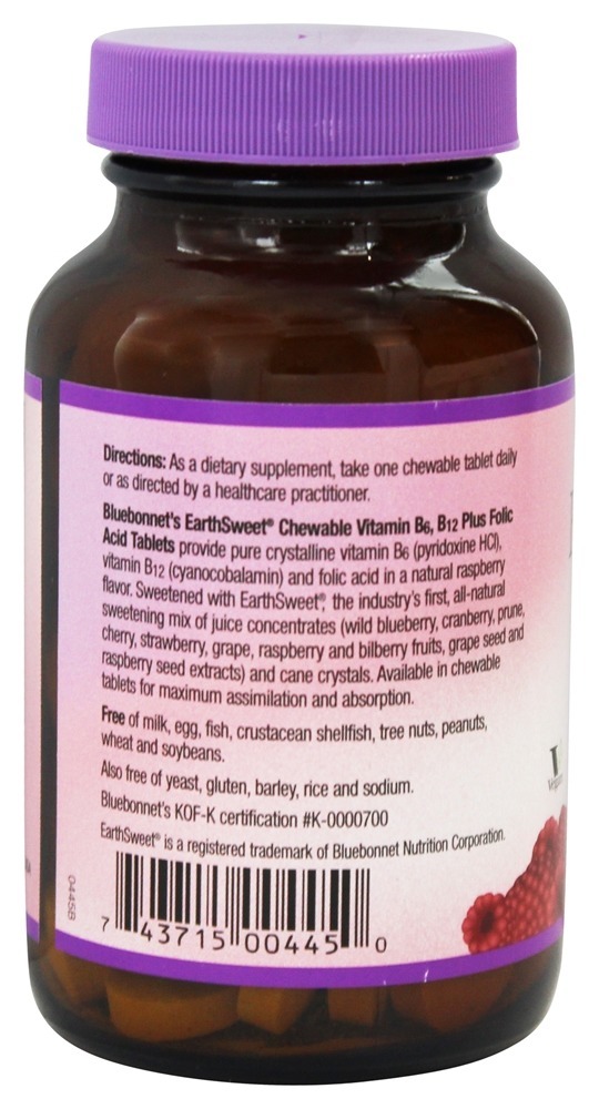 Terra doce mastigável vitamina B6 B12 além de sabor de framboesa natural ácido fólico - 60 comprimidos mastigáveis Bluebonnet Nutrition - Imagem 3