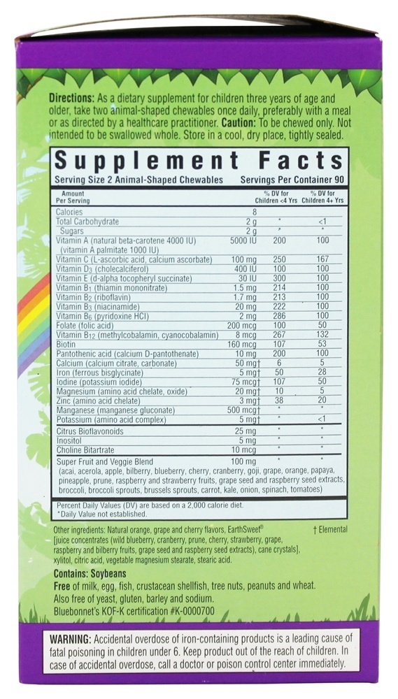 Animalz Inteiro Comida Baseado Múltiplo Natural Variado Fruto Sabores (Laranja, Uva, Cereja) com Earthsweet - 180 Mastigáveis Bluebonnet Nutrition - Imagem 2