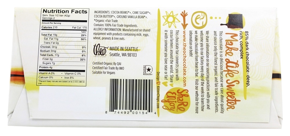 Comércio orgânico e justo 85 barra de chocolate escuro Pure - 3 oz. Theo Chocolate - Imagem 2