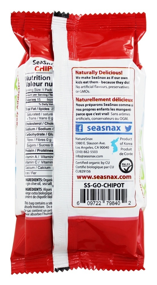 Prêmio Temperado Alga Lanche Agarrar & Ir Picante Chipotle - 0.18 oz. SeaSnax - Imagem 3