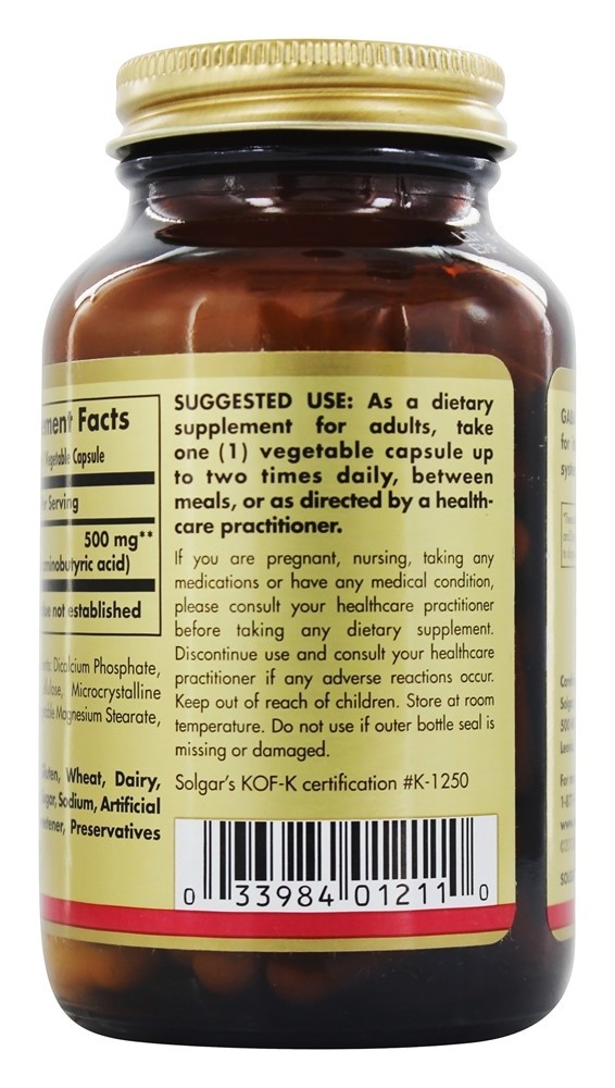 GABA 500 mg. - Cápsulas vegetarianas 100 Solgar - Imagem 3
