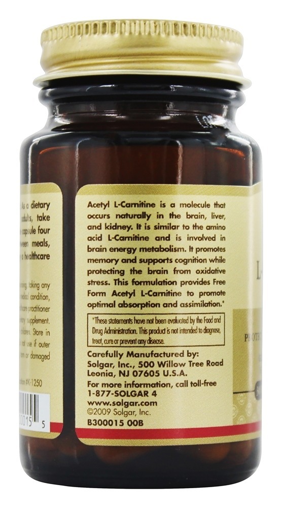 Forma livre de acetil L-carnitina 250 mg. - Cápsulas vegetarianas 30 Solgar - Imagem 4
