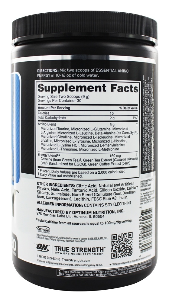 AmiN.O Essencial. Framboesa Azul Energia - 9.5 oz. Optimum Nutrition - Imagem 2