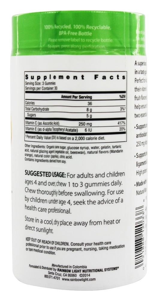 Fatias de Vitamina C Sabor Tangerina 250 mg. - 90 Gummies Rainbow Light - Imagem 2