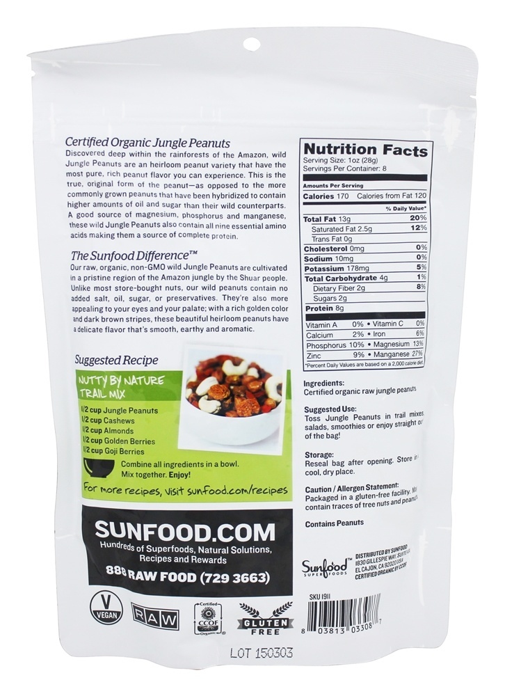 Amendoim orgânico cru da selva - 8 oz. Sunfood Superfoods - Imagem 2