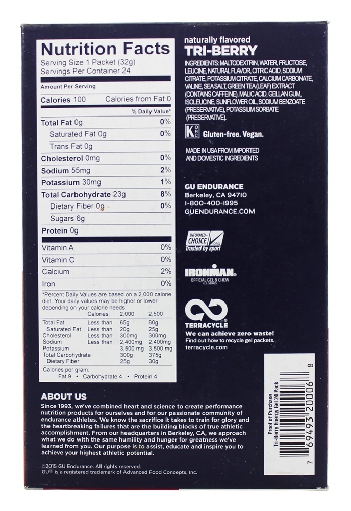 Gel energético 20mg Cafeína Tri-Berry - 1.1 oz. GU Energy - Imagem 4