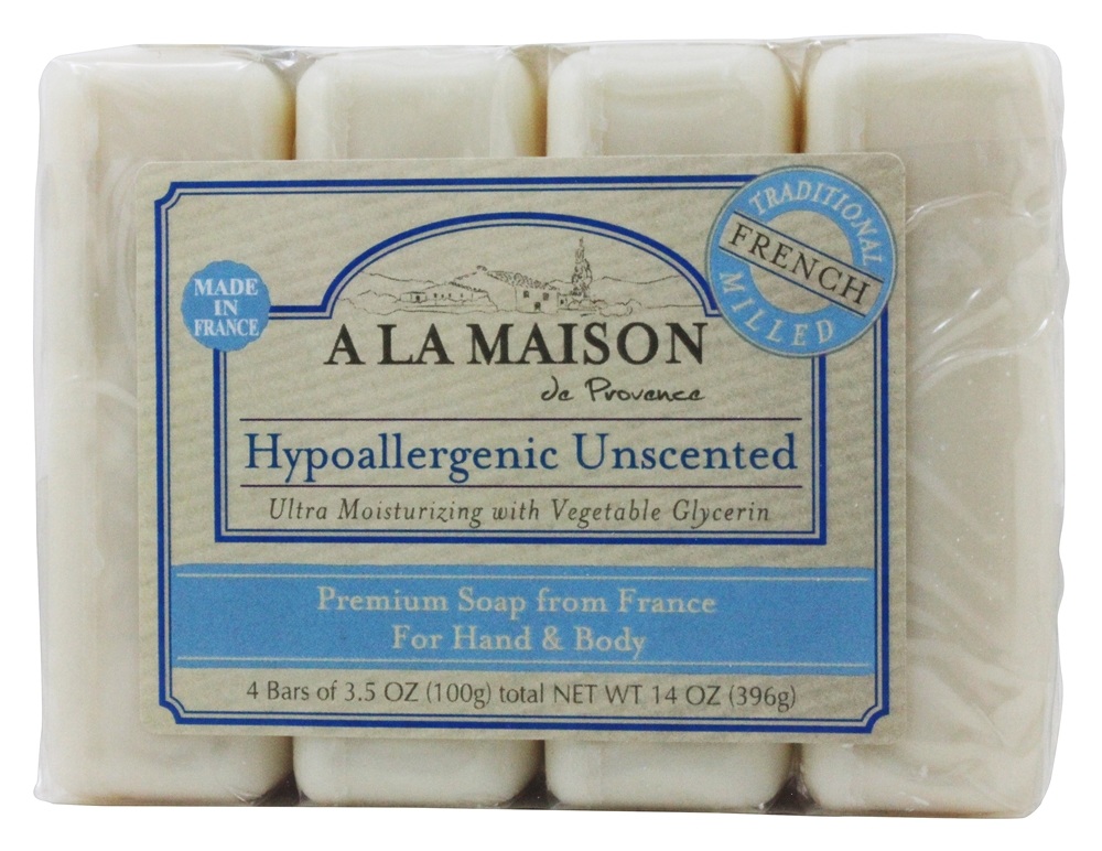 Pacote de Valor de Sabonete Tradicional de Moinhos Franceses Hipoalergênicos sem perfume - 4 x 3.5 oz. Barras A La Maison