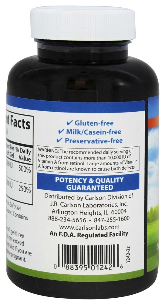 Vitamina A e D / 25.000 UI e 1,000 UI - 250 Softgels Carlson Labs - Imagem 3