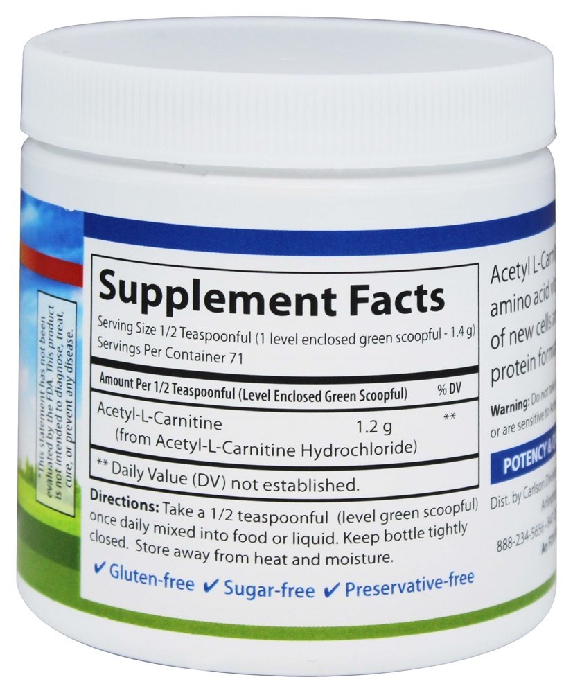 Pó de Aminoácidos de Acetil-L-Carnitina 1200 mg. - 100 Gramas Carlson Labs - Imagem 2