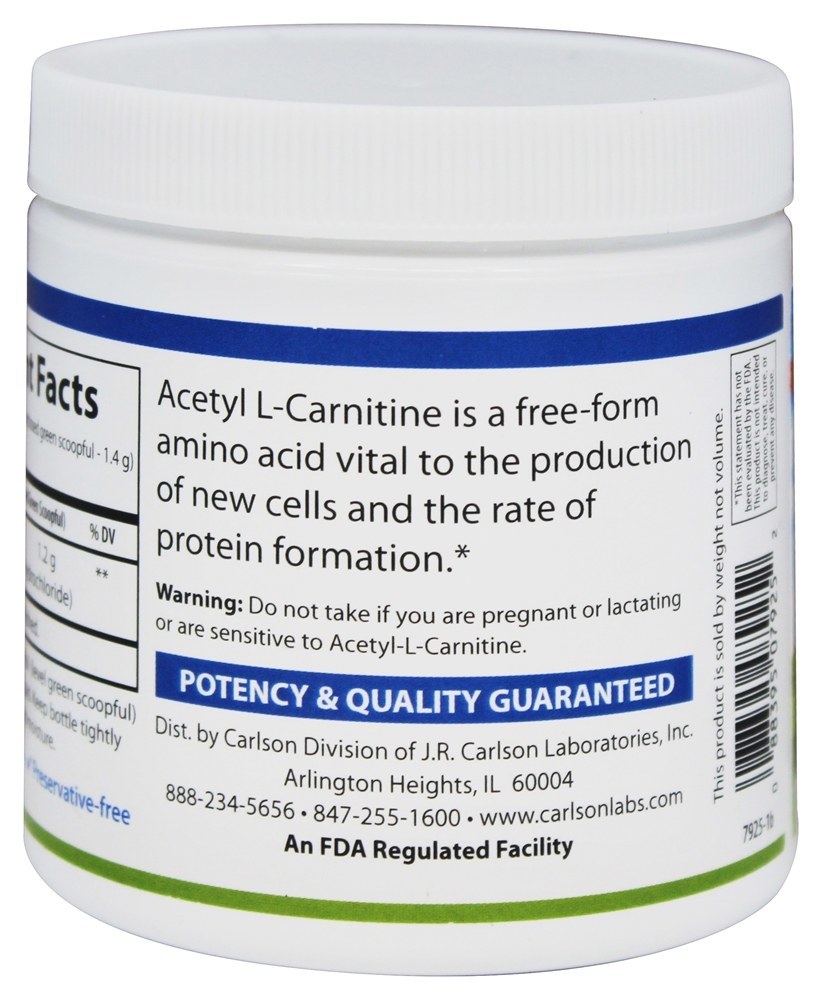 Pó de Aminoácidos de Acetil-L-Carnitina 1200 mg. - 100 Gramas Carlson Labs - Imagem 3
