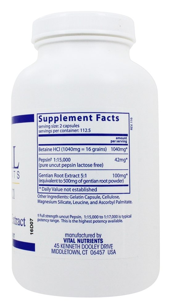 Betaína HCl Com Pepsina & Extrato de Raiz de Genciana - Cápsulas 225 Vital Nutrients - Imagem 2