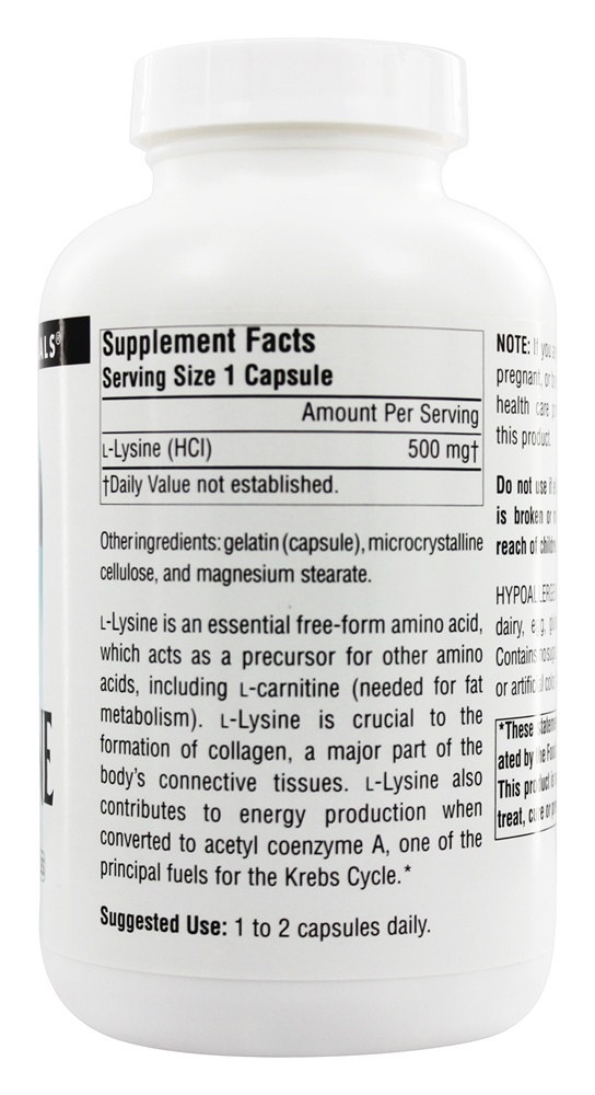 L-Lisina Forma Livre 500 mg. - Cápsulas 200 Source Naturals - Imagem 2