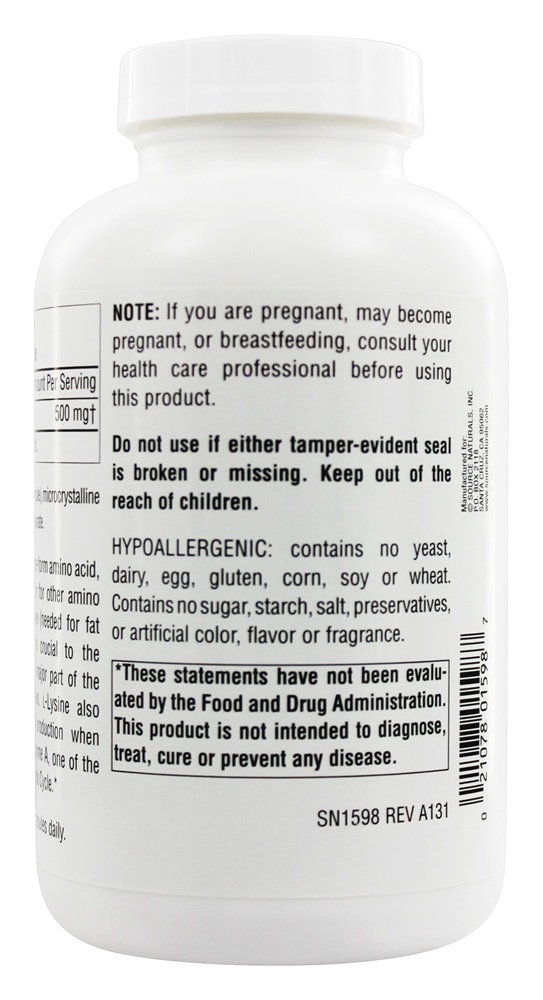 L-Lisina Forma Livre 500 mg. - Cápsulas 200 Source Naturals - Imagem 3