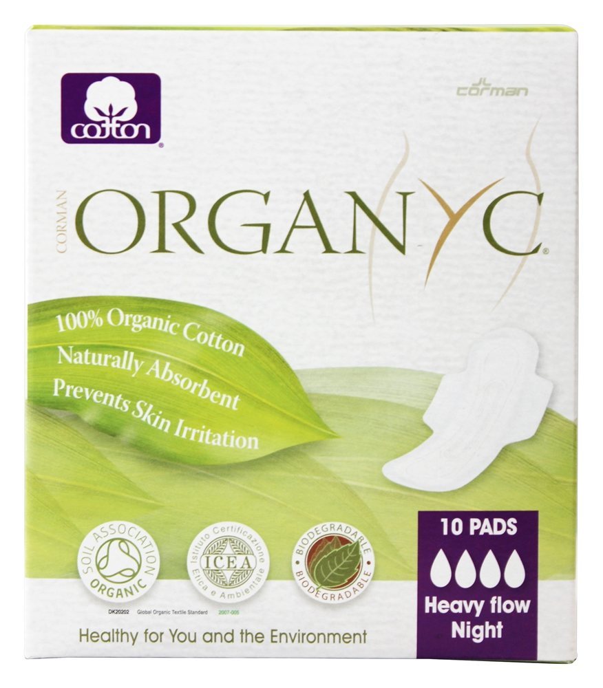 Almofadas Menstrual de Algodão Orgânico com Noite de Fluxo Noturno Pesado de Asas - 10 Almofadas Organyc