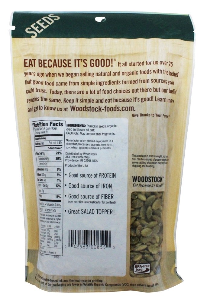 Sementes de abóbora totalmente naturais torradas e salgadas - 9.5 oz. Woodstock Farms - Imagem 2