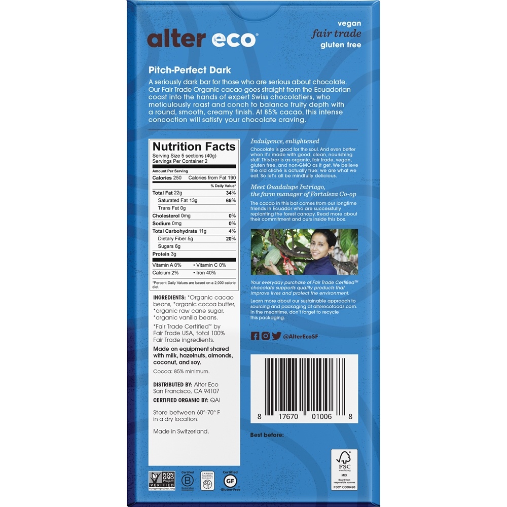 Chocolate Orgânico 85 % Blackout Escuro de Cacau - 2.82 oz. Alter Eco - Imagem 2