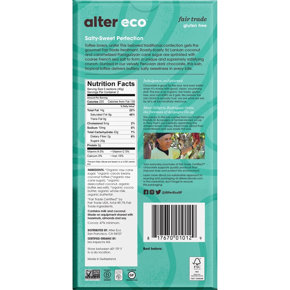 Chocolate Orgânico 47 % Cacau Caramelo De Coco Escuro - 2.82 oz. Alter Eco - Imagem 2