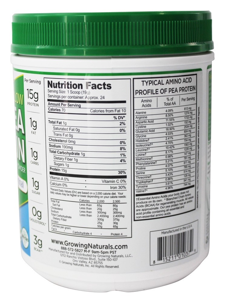 Original de proteína de ervilha amarela crua - 16 oz. Growing Naturals - Imagem 2