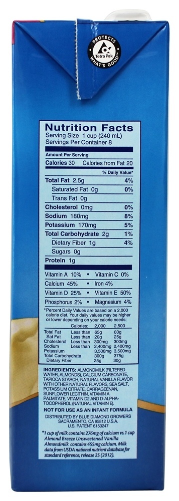 Amêndoa Breeze Amêndoa Leite Baunilha Não Adocicada - 0.5 Galão Blue Diamond Growers - Imagem 2