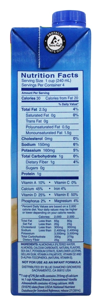 Amêndoa Breeze Amêndoa Leite Baunilha Não Adocicada - 32 fl. oz. Blue Diamond Growers - Imagem 2