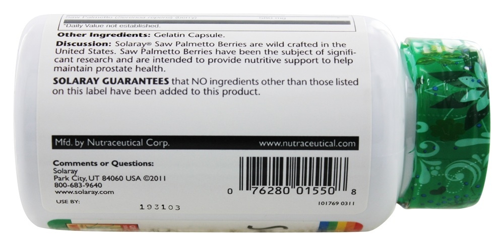 Frutos de Saw Palmetto 580 mg. - Cápsulas 100 Solaray - Imagem 3