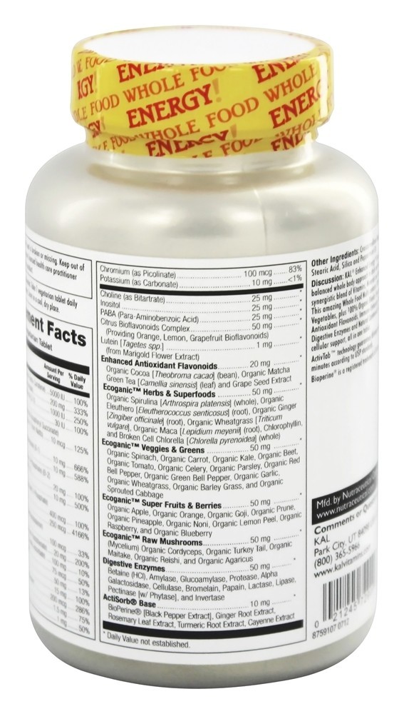 Aprimorada Energia Uma vez Diário Inteiro Comida Multivitamina Ferro Livre - 60 Comprimidos vegetarianos Kal - Imagem 3
